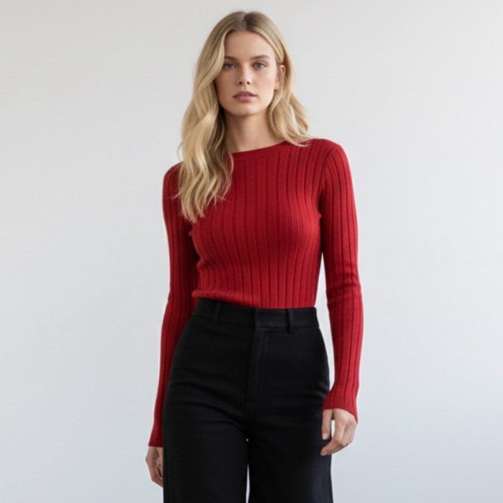 Cinq a Sept Pullover Ribbed Sweater Pomegranate Ruby Red Medium Cinq à Sept